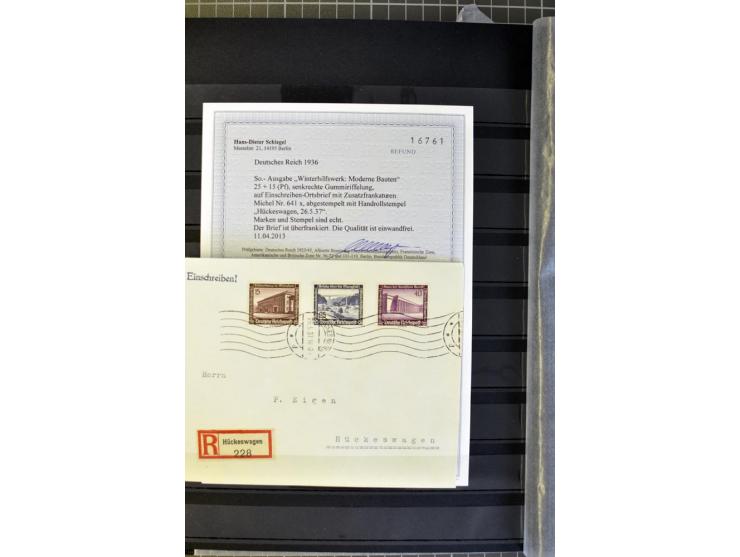 1936, WHW 25 Pfg. mit senkrechter Gummiriffelung, 77 Stück auf überfrankierten R-Briefe, je mit Befund/Fotoattest Schlegel BP
