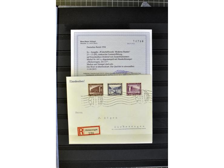 1936, WHW 25 Pfg. mit senkrechter Gummiriffelung, 77 Stück auf überfrankierten R-Briefe, je mit Befund/Fotoattest Schlegel BP