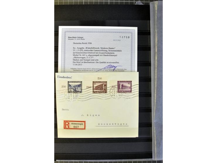 1936, WHW 25 Pfg. mit senkrechter Gummiriffelung, 77 Stück auf überfrankierten R-Briefe, je mit Befund/Fotoattest Schlegel BP