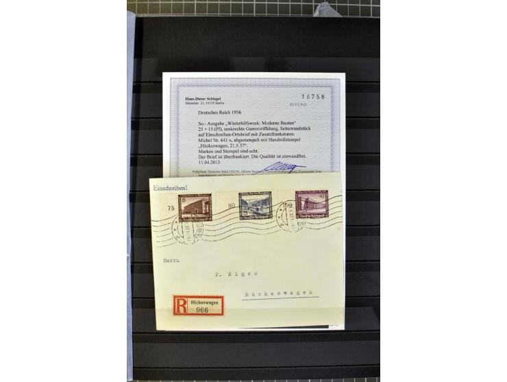 1936, WHW 25 Pfg. mit senkrechter Gummiriffelung, 77 Stück auf überfrankierten R-Briefe, je mit Befund/Fotoattest Schlegel BP