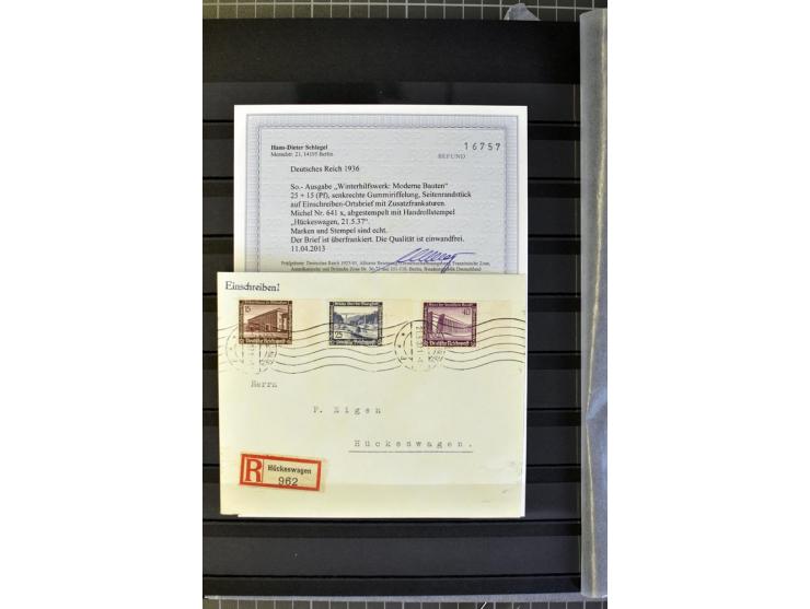1936, WHW 25 Pfg. mit senkrechter Gummiriffelung, 77 Stück auf überfrankierten R-Briefe, je mit Befund/Fotoattest Schlegel BP