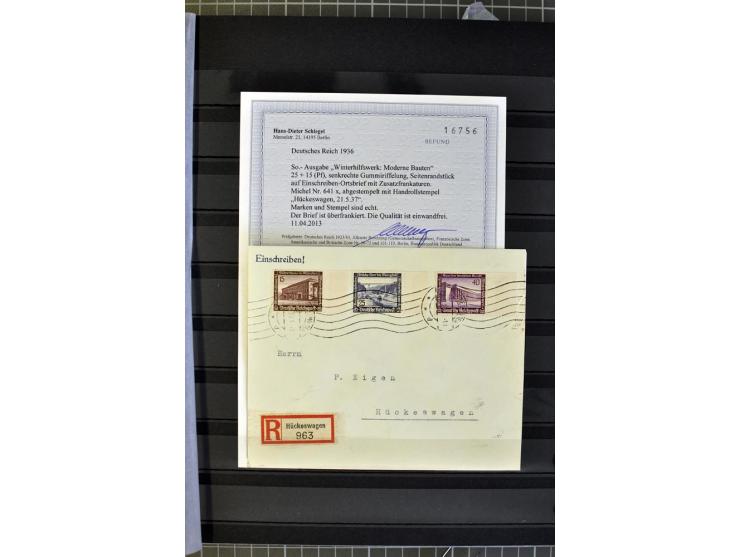 1936, WHW 25 Pfg. mit senkrechter Gummiriffelung, 77 Stück auf überfrankierten R-Briefe, je mit Befund/Fotoattest Schlegel BP