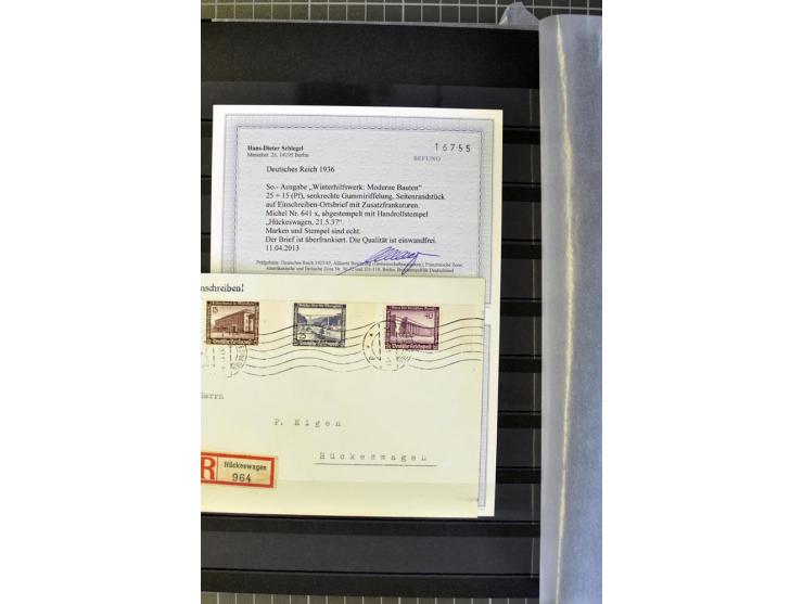 1936, WHW 25 Pfg. mit senkrechter Gummiriffelung, 77 Stück auf überfrankierten R-Briefe, je mit Befund/Fotoattest Schlegel BP