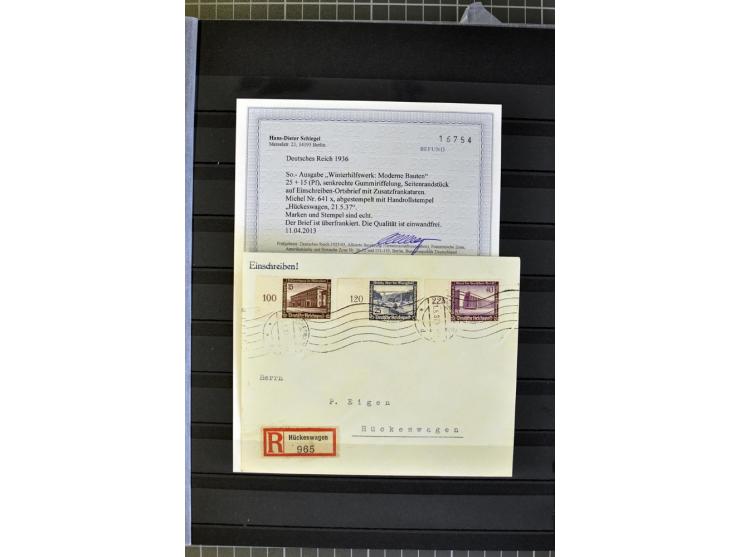 1936, WHW 25 Pfg. mit senkrechter Gummiriffelung, 77 Stück auf überfrankierten R-Briefe, je mit Befund/Fotoattest Schlegel BP