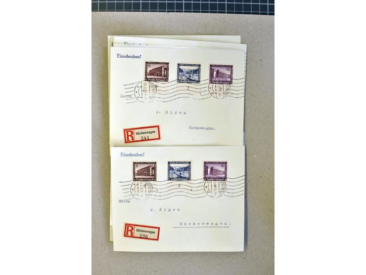 1936, WHW 25 Pfg. mit senkrechter Gummiriffelung, 77 Stück auf überfrankierten R-Briefe, je mit Befund/Fotoattest Schlegel BP
