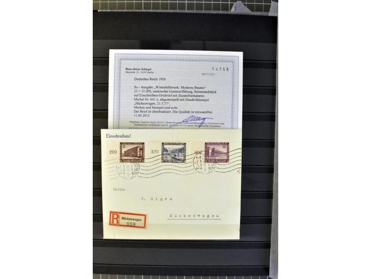 1936, WHW 25 Pfg. mit senkrechter Gummiriffelung, 77 Stück auf überfrankierten R-Briefe, je mit Befund/Fotoattest Schlegel BP