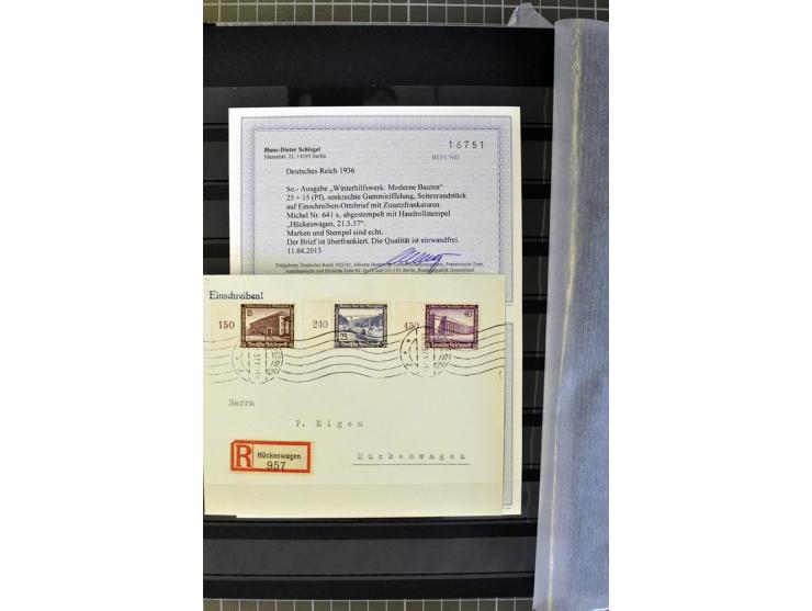 1936, WHW 25 Pfg. mit senkrechter Gummiriffelung, 77 Stück auf überfrankierten R-Briefe, je mit Befund/Fotoattest Schlegel BP