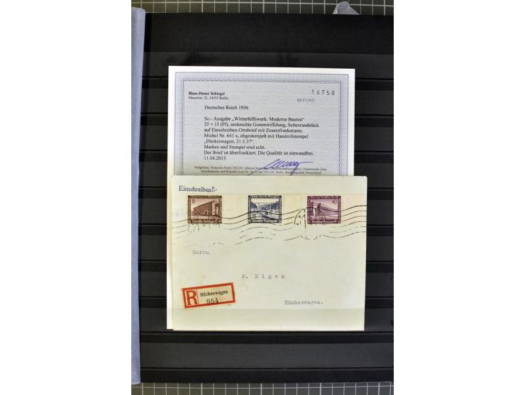 1936, WHW 25 Pfg. mit senkrechter Gummiriffelung, 77 Stück auf überfrankierten R-Briefe, je mit Befund/Fotoattest Schlegel BP