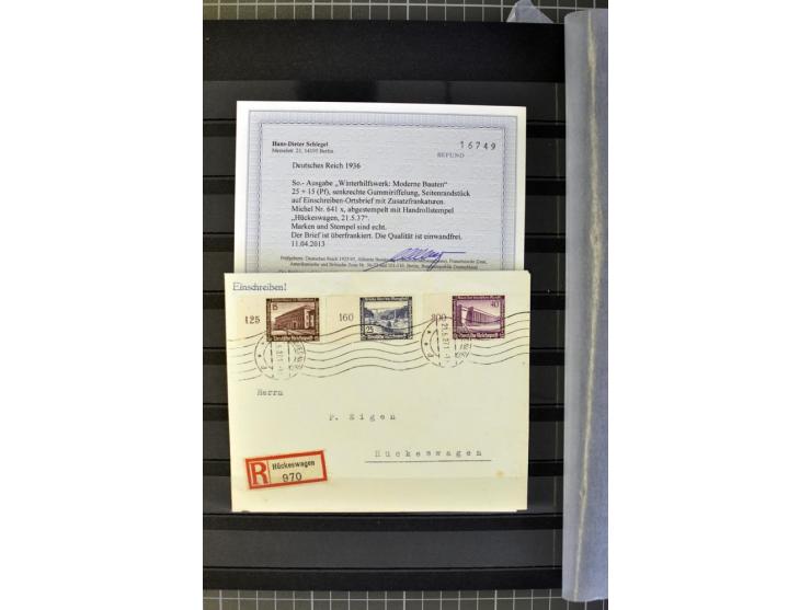 1936, WHW 25 Pfg. mit senkrechter Gummiriffelung, 77 Stück auf überfrankierten R-Briefe, je mit Befund/Fotoattest Schlegel BP