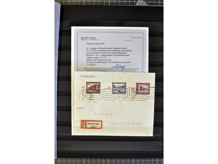 1936, WHW 25 Pfg. mit senkrechter Gummiriffelung, 77 Stück auf überfrankierten R-Briefe, je mit Befund/Fotoattest Schlegel BP