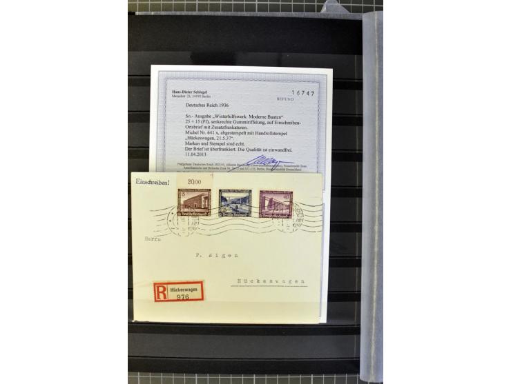 1936, WHW 25 Pfg. mit senkrechter Gummiriffelung, 77 Stück auf überfrankierten R-Briefe, je mit Befund/Fotoattest Schlegel BP