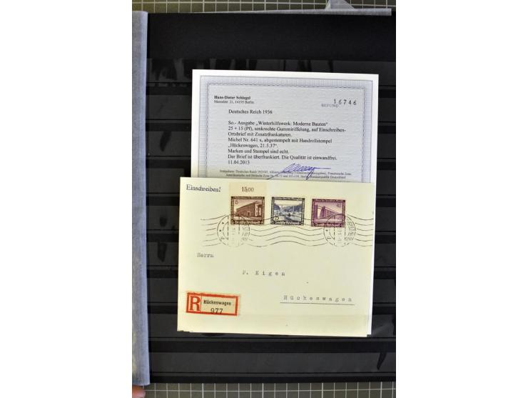 1936, WHW 25 Pfg. mit senkrechter Gummiriffelung, 77 Stück auf überfrankierten R-Briefe, je mit Befund/Fotoattest Schlegel BP