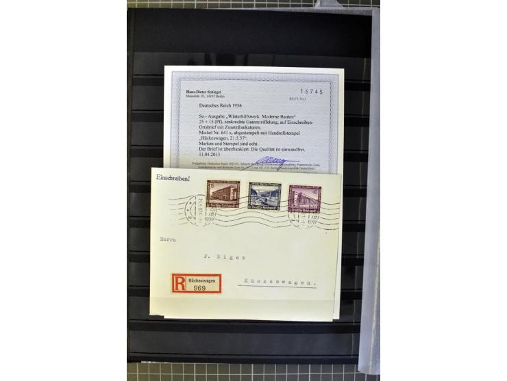 1936, WHW 25 Pfg. mit senkrechter Gummiriffelung, 77 Stück auf überfrankierten R-Briefe, je mit Befund/Fotoattest Schlegel BP