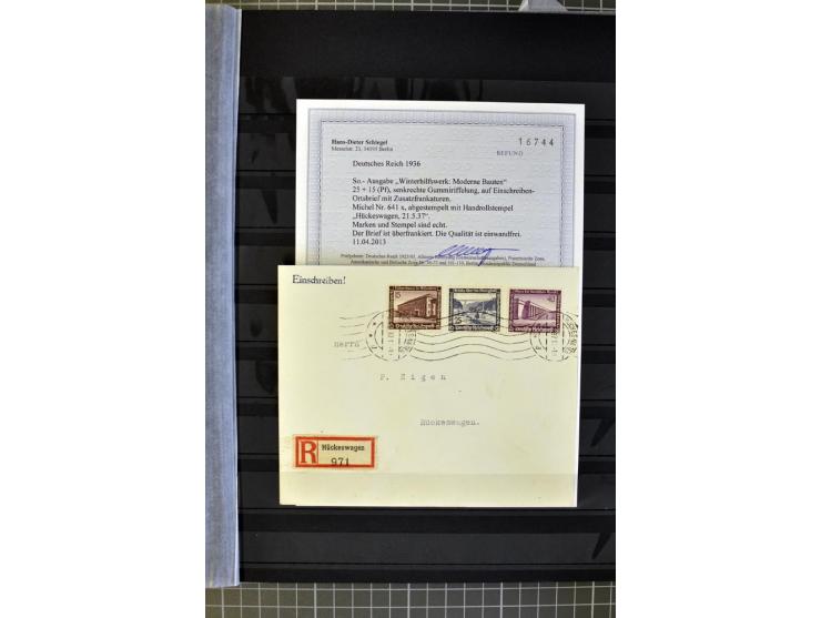 1936, WHW 25 Pfg. mit senkrechter Gummiriffelung, 77 Stück auf überfrankierten R-Briefe, je mit Befund/Fotoattest Schlegel BP
