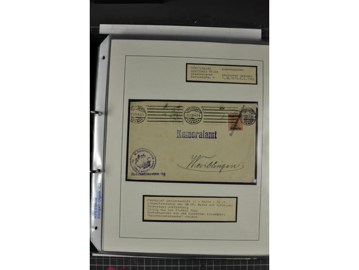 1920, Sammlung Dienstbriefe und -karten Württemberg, dabei Einzelfrankaturen, Mehrfachfrankaturen etc.