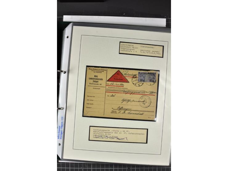 1920, Sammlung Dienstbriefe und -karten Württemberg, dabei Einzelfrankaturen, Mehrfachfrankaturen etc.