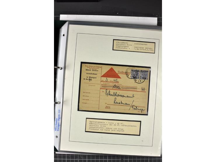 1920, Sammlung Dienstbriefe und -karten Württemberg, dabei Einzelfrankaturen, Mehrfachfrankaturen etc.