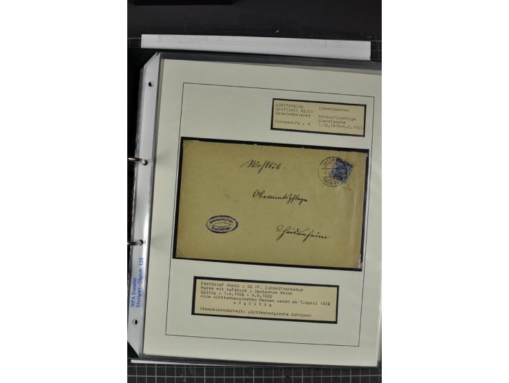 1920, Sammlung Dienstbriefe und -karten Württemberg, dabei Einzelfrankaturen, Mehrfachfrankaturen etc.