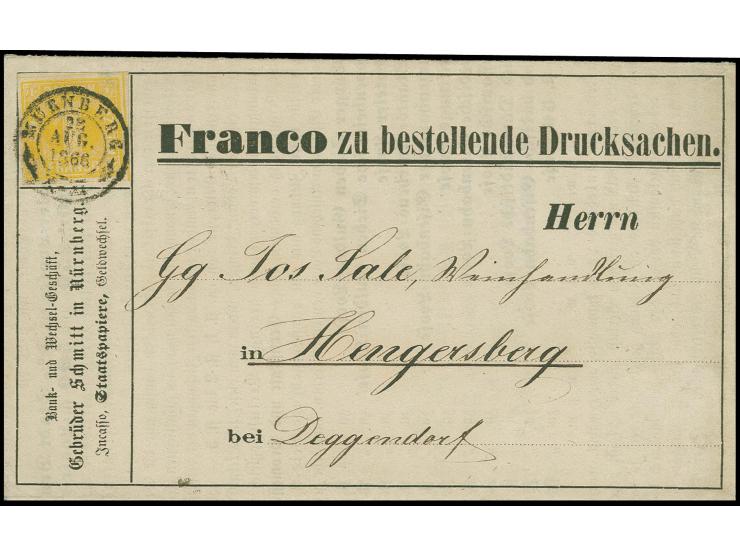  1 Kreuzer gelb, voll- bis breitrandig mit zentrischem DKr. "NÜRNBERG 22 AUG. 1866" auf dekorativer Vordruck-Drucksache nach 