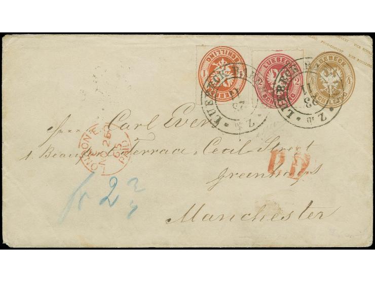  GROSSBRITANNIEN: 1863/65, 1 Schilling orange und 2 Schilling rosa als Zufrankatur auf Ganzsachenumschlag 4 Schilling braun m