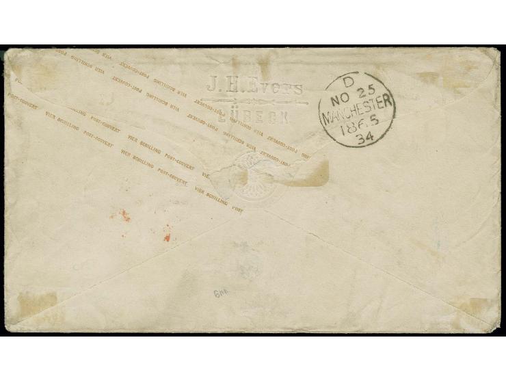 GROSSBRITANNIEN: 1863/65, 1 Schilling orange und 2 Schilling rosa als Zufrankatur auf Ganzsachenumschlag 4 Schilling braun m