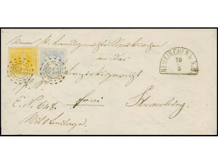  1 Kreuzer gelb, allseits sehr breit- bis überrandig in Mischfrankatur mit Wappen 6 Kreuzer ultramarin, voll- bis breitrandig