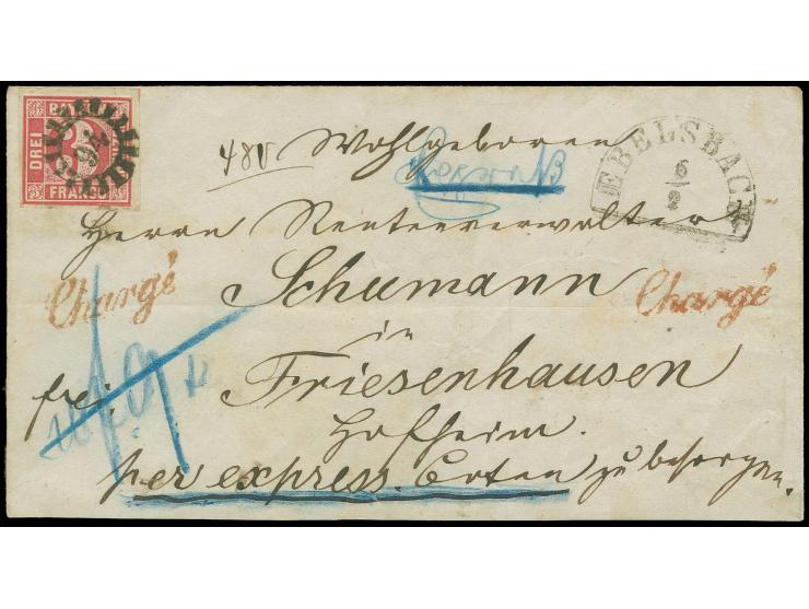  3 Kreuzer rosa, voll- bis breitrandig mit gMR "94" und nebengesetztem Halbkreisstempel "EBELSBACH 6/2" auf Chargé-Brief mit 