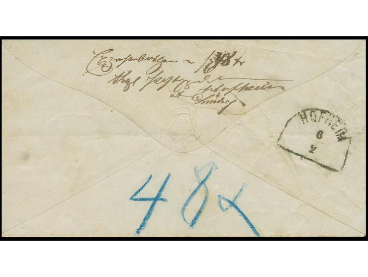  3 Kreuzer rosa, voll- bis breitrandig mit gMR "94" und nebengesetztem Halbkreisstempel "EBELSBACH 6/2" auf Chargé-Brief mit 