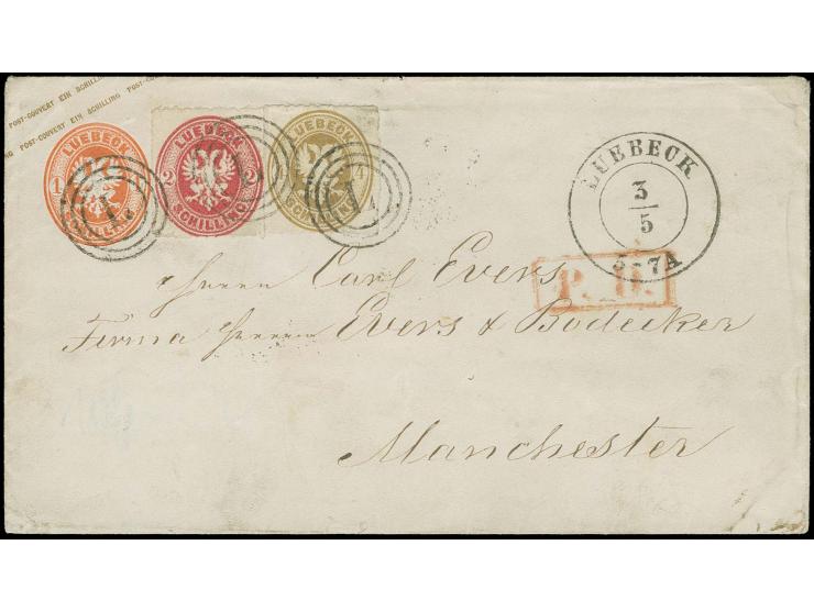 1863/65, 2 Schilling rosa und 4 Schilling braun, farbfrisch und gut durchstochen als Zufrankatur auf Ganzsachenumschlag 1 Sc