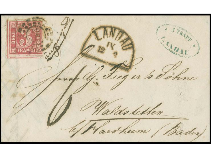  3 Kreuzer rosa, voll- bis überrandig mit oMR "267" mit nebengesetztem Halbkreisstempel "LANDAU 12 2" (1863) auf Faltbrief na