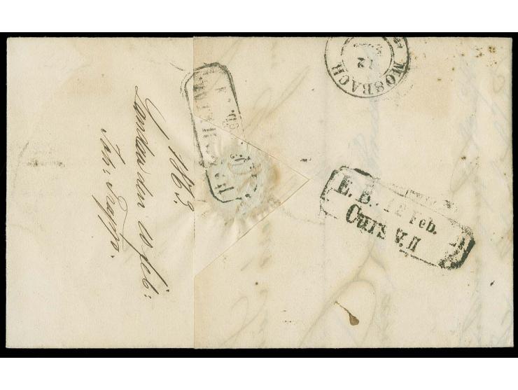  3 Kreuzer rosa, voll- bis überrandig mit oMR "267" mit nebengesetztem Halbkreisstempel "LANDAU 12 2" (1863) auf Faltbrief na