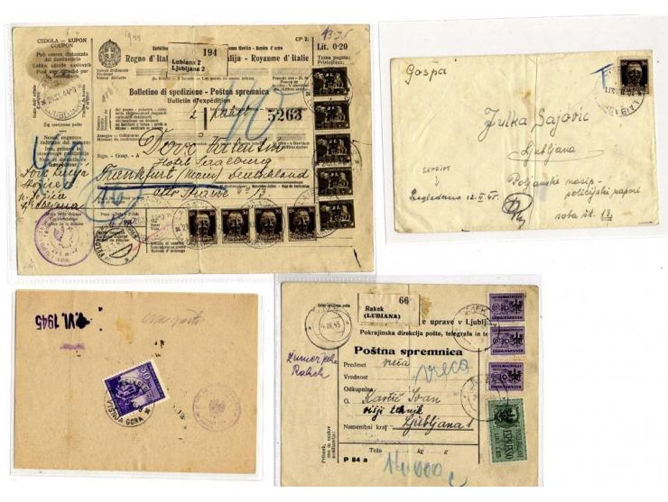 1944, 6 interessante Briefe, Karten und Formulare mit R-Brief, Postscheckformular mit Mi.-Nr. 49, 2 Nachporto-Postkarten, Aus