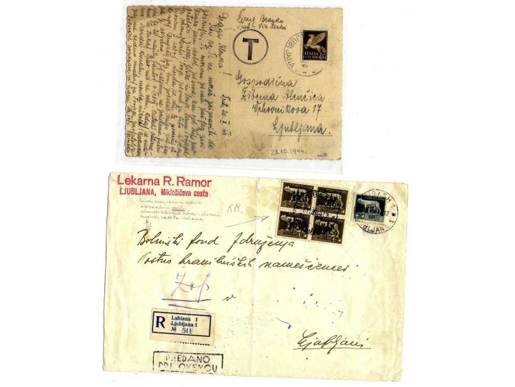 1944, 6 interessante Briefe, Karten und Formulare mit R-Brief, Postscheckformular mit Mi.-Nr. 49, 2 Nachporto-Postkarten, Aus