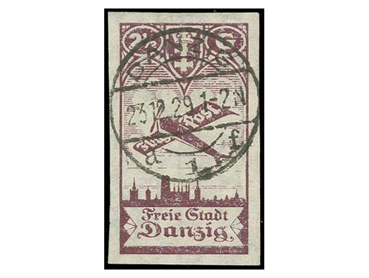 1924, Flugpost 2½ Gld. ungezähnt, ohne Unterdruck, sauber und zentrisch zeitgerecht gestempelt "DANZIG 23.12.29", Kabinett, P