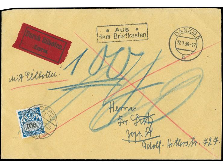 100 Pfg. mit Stempel "ZOPPOT 27.7.38" auf unfrankiert in den Briefkasten gelegten Brief, mit nebengesetztem Ra2 "Aus dem Brie