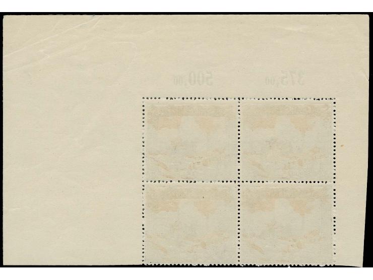 1921, Freimarken 25 M. schwarz/dunkellilautramarin/zinnober im Viererblock mit Bogenrand an 3 Seiten, postfrisch, im Rand Kni