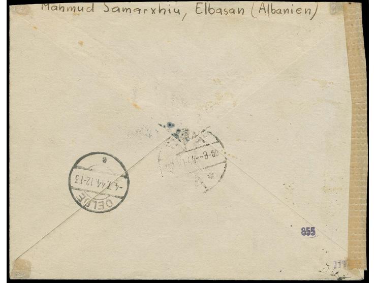 1944, Aufdruck-Ausgabe 25 Q. dunkelultramarin und 65 Q. karminbraun auf Eilboten-Einschreibe-Brief von "ELBASAN 22.VI.44" mit
