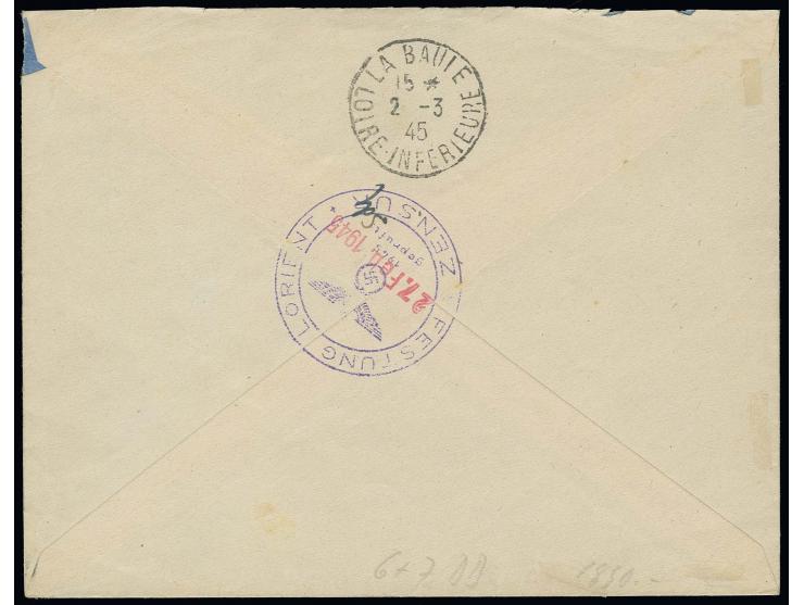 80 C. mit Oberrand mit doppeltem Aufdruck und 70 C. mit rechtem Seitenrand mit Stempel "FESTUNG LORIENT ZENSUR 27.Feb.1945" a