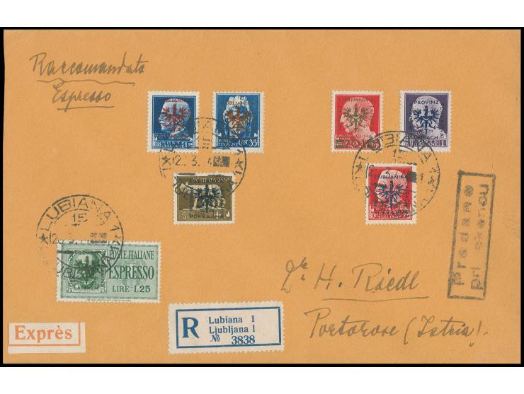 1944, Freimarke 20 L. auf 20 C. rot mit 6 weiteren Werten auf Einschreibe-Express-Brief von "LUBIANA 1 20.3.44" mit rückseiti