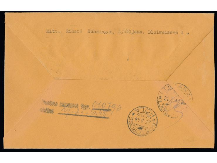 1944, Freimarke 20 L. auf 20 C. rot mit 6 weiteren Werten auf Einschreibe-Express-Brief von "LUBIANA 1 20.3.44" mit rückseiti