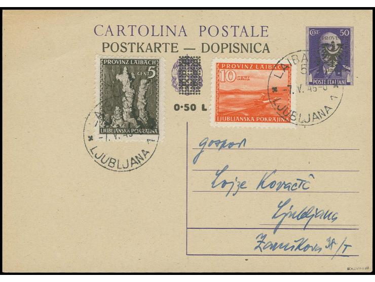1945, Ansichten von Slowenien 5 C. schwarz und 10 C. rotorange als Zufrankatur auf Ganzsachenkarte 0,50 L. auf 50 C. von "LAI