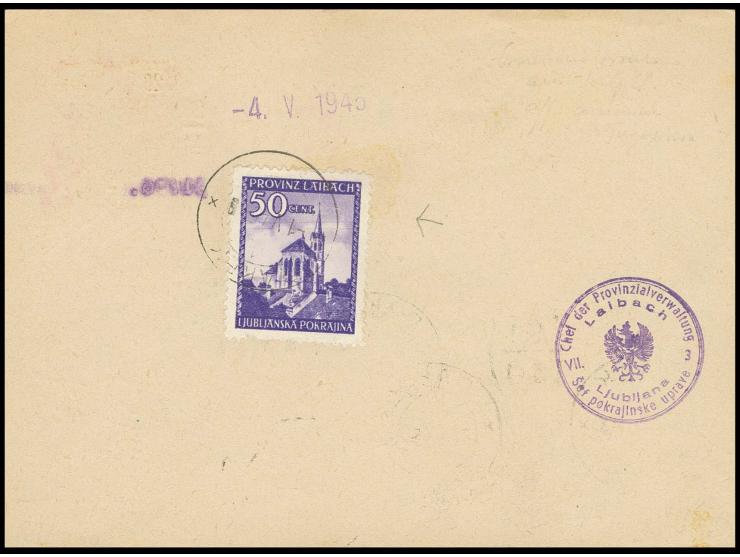 1945, Freimarke 50 C. mit Plattenfehler "2 Telegraphendrähte in Höhe des Kirchturms" rückseitig auf Postscheckformular von "R