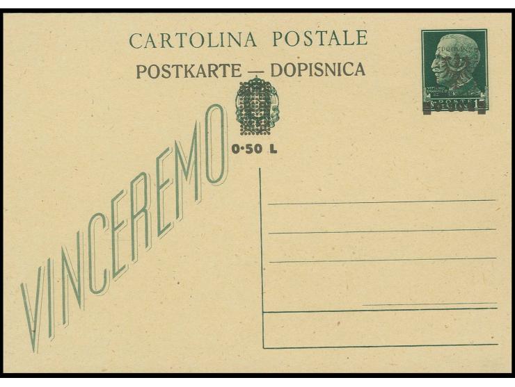 1944, Ganzsachenkarte mit Werbung 0,50 L. auf 15 C. dunkelgrün mit rückseitig komplettem Aufdruck-Abklatsch, ungebraucht, Pra