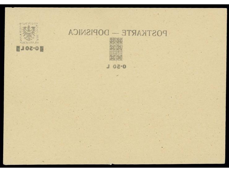 1944, Ganzsachenkarte mit Werbung 0,50 L. auf 15 C. dunkelgrün mit rückseitig komplettem Aufdruck-Abklatsch, ungebraucht, Pra