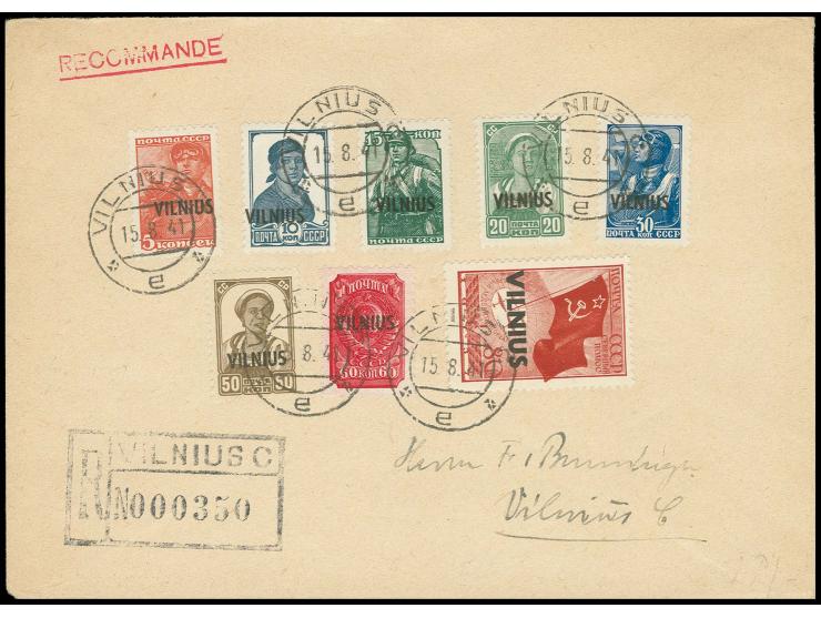 VILNIUS 5-80 K., 8 Werte auf Einschreibe-Ortsbrief aus "VILNIUS 15.8.41", Pracht