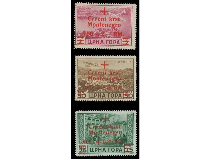 1944, Flugpost-Aufdruckmarken 0,15 auf 25 C, 0,25 auf 50 C. und 0,50 auf 2 L., jeweils mit Aufdruck-Abart "g in Montenegro no