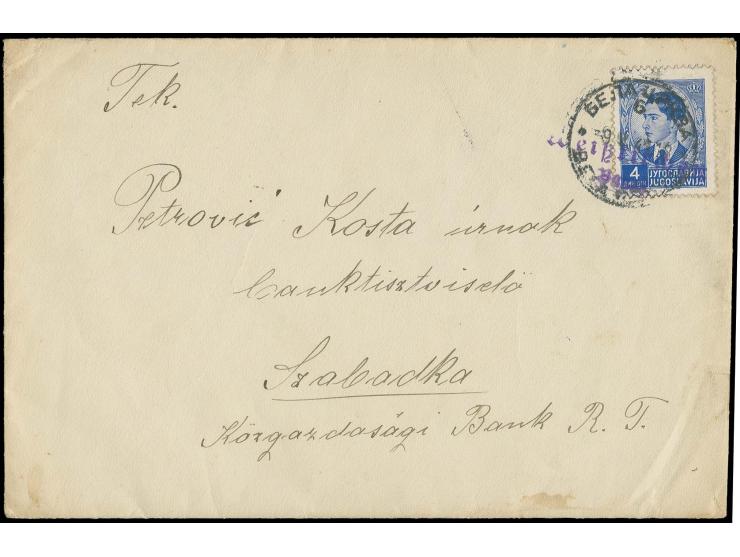 VORLÄUFER: Jugoslawien 4 Din. mit violettem L2-Notstempel "Weisskirchen Banat" auf Auslandsbrief mit zusätzlicher Entwertung 