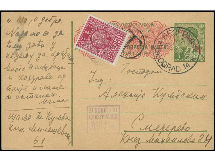 1942, Jugoslawien Portomarke 1 Din. mit zarter Entwertung als Mitläufer auf unterfrankierter Ganzsachenkarte D.P. Serbien 1 D