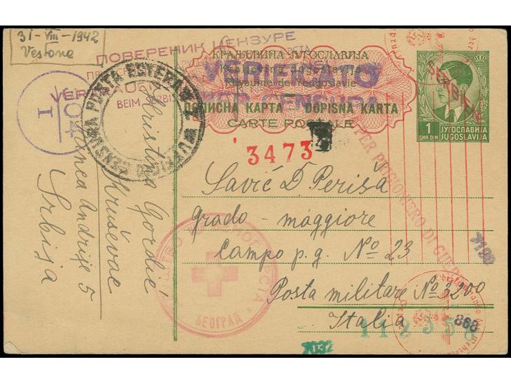 1942, Ganzsachenkarte 1 Din. grün als KGF-Karte ohne Aufgabestempel von Krusevac (datiert 10.IV.) mit zweisprachigem Zensur-L