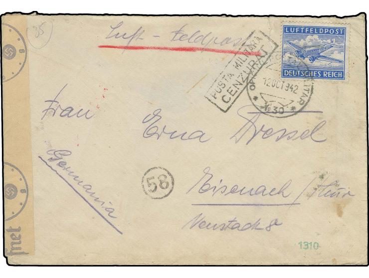 1942, Luftpost-Zulassungsmarke mit Stempel "OFICIUL POSTAL MILITAR No. 30 12.OCT." auf Feldpost-Brief mit rumän. Zensur-Ra2 "